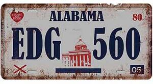 Ceduľa značka Alabama 30,5cm x 15,5cm Plechová tabuľa