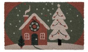 Kokosová rohožka s vánočním motivem zasněženého domečku – 75x45x1 cm