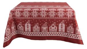 Červený vánoční ubrus s norským vzorem s domečky – 140x220 cm