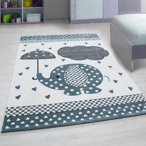 Moderní modrý koberec do dětského pokoje sloník štěstí