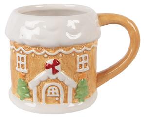 Hnědo-bílý vánoční hrneček perníkový domeček se stromečky – 13x9x9 cm