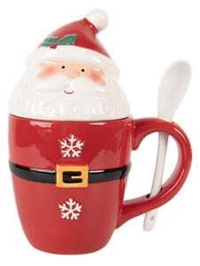 Červený vánoční hrneček Santa Claus s pokličkou a lžičkou – 13x9x17 cm