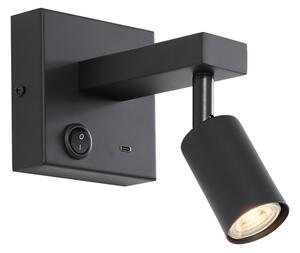 Moderní černá nástěnná lampa s USB-C, naklápěcí - Rex