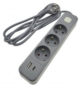 TRIXLINE Prodlužovací přívod 2m 3 zásuvka + VYP - USB A+C/2,4A