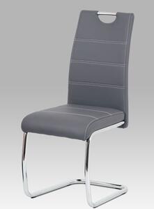 Autronic - Jídelní židle, potah šedá ekokůže, bílé prošití, kovová pohupová podnož, chrom - HC-481 GREY