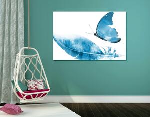 Obraz pírko s motýlem v modrém provedení