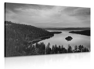 Obraz jezero při západu slunce v černobílém provedení