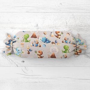 Biante Dětský polštář válec bonbon Sandra SA-656 Modro-zeleno-hnědí dinosauříci na světle šedém 15x40 cm