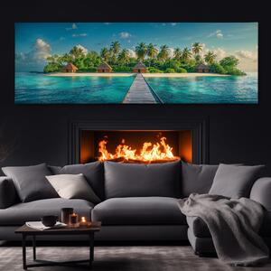 Obraz na plátně - Tropický ostrov s chatami a molem FeelHappy.cz Velikost obrazu: 120 x 40 cm