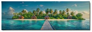 Obraz na plátně - Tropický ostrov s chatami a molem FeelHappy.cz Velikost obrazu: 90 x 30 cm
