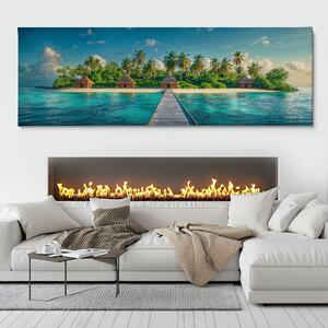Obraz na plátně - Tropický ostrov s chatami a molem FeelHappy.cz Velikost obrazu: 120 x 40 cm