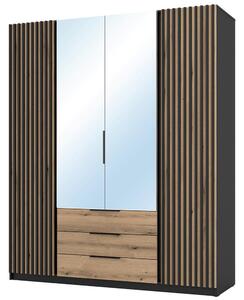 Šatní skříň KAJA 2LAM 2LU 3S | 200 cm | se zrcadly | VYSOKÁ | černá/evoke + lamely
