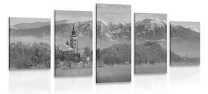 5-dílný obraz kostel u jezera Bled ve Slovinsku v černobílém provedení
