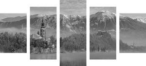 5-dílný obraz kostel u jezera Bled ve Slovinsku v černobílém provedení
