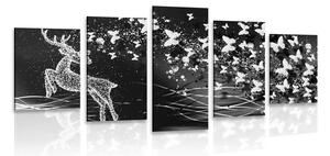 5-dílný obraz nádherný jelen s motýly v černobílém provedení