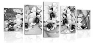 5-dílný obraz černobílé květiny na abstraktním pozadí