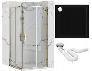 Rea Punto, sprchový kout s posuvnými dveřmi 90(dveře) x 90(dveře) x 190 cm, 5mm čiré sklo, zlatý lesklý profil + černá sprchová vanička Savoy, KPL-K1440