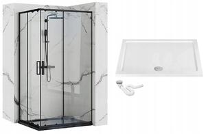 Rea Punto, sprchový kout s posuvnými dveřmi 90(dveře) x 90(dveře) x 190 cm, 5mm čiré sklo, černý profil + bílá sprchová vanička Savoy, KPL-K1014