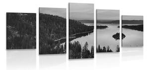 5-dílný obraz jezero při západu slunce v černobílém provedení