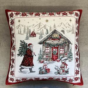 Žakárový vánoční povlak na polštář s motivem Santa se stromkem 50x50 cm