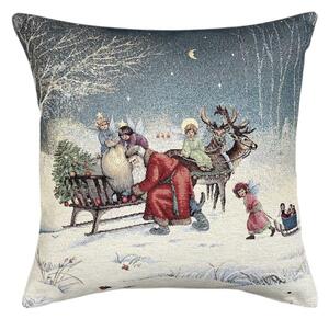 Gobelínový vánoční povlak na polštář s motivem Santa a andělé 45x45 cm