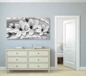 Obraz luxusní magnolie s perlami v černobílém provedení