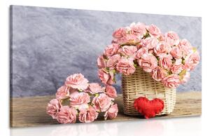 Obraz kytička růžových karafiátů v košíku