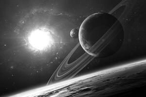 Obraz planeta ve vesmíru v černobílém provedení