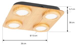 Lindby LED reflektor Joren, dřevo, 38 x 38 cm, 4 světla, 3 000 K
