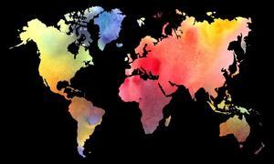 Obraz na korku mapa světa v akvarelovém provedení na černém pozadí