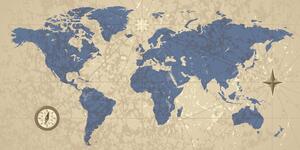 Obraz mapa světa s kompasem v retro stylu