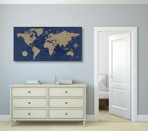 Obraz mapa světa s kompasem v retro stylu na modrém pozadí