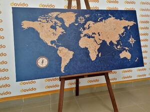 Obraz na korku mapa světa s kompasem v retro stylu na modrém pozadí