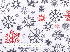 Vánoční bavlněná látka/plátno Sandra SA-181 Červené a černé vločky na bílém - šířka 160 cm