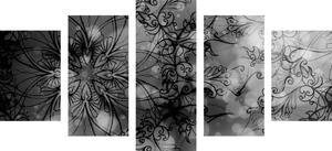 5-dílný obraz květinová Mandala v černobílém provedení