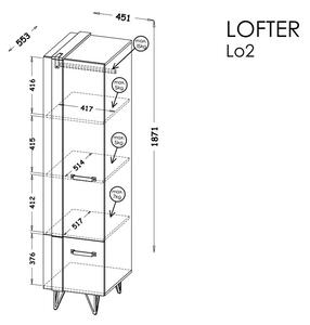 Úzká šatní skříň Lofter 2 - beton milenium/dub wotan