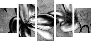 5-dílný obraz zajímavé vintage květiny v černobílém provedení