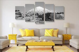 5-dílný obraz hora Fuji v černobílém provedení