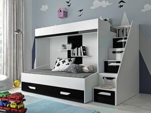 Abiks Dětský pokoj Party 16a s volbou barvy dvířek, 2 postele, pozvolné schody Barva: Bílá, Dveře: Černé