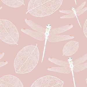 Samolepící tapeta létající vážky v růžovém