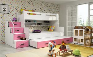 Dětská patrová postel s přistýlkou a matracemi 80x200 IDA 3 - bílá / růžová