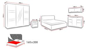 Ložnicová sestava s LED osvětlením a postelí 160x200 PEORIA 6 - dub bílý / lesklá grafitová
