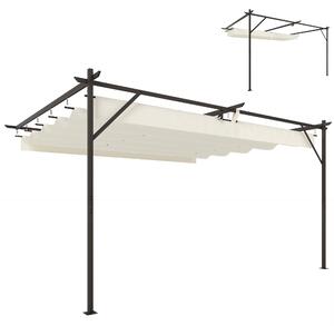 Outsunny 4 x 3 m nástěnná zahradní pergola s vysouvací střechou, ochrana UPF30+, odvodnění a kovový rám — krémová | Aosom