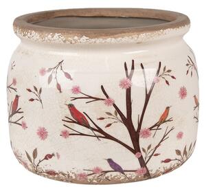 Béžový keramický obal na květináč s keři, šípky a ptáčky Satin – 20x15 cm