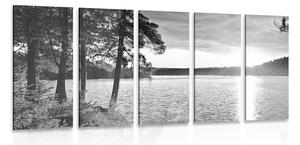5-dílný obraz západ slunce nad jezerem v černobílém provedení