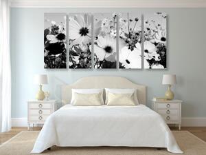 5-dílný obraz louka jarních květin v černobílém provedení