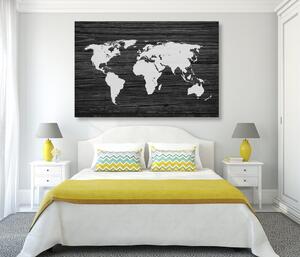 Obraz mapa světa na dřevě v černobílém provedení