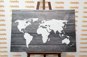 Obraz černobílá mapa světa s dřevěným pozadím