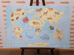Obraz na korku mapa světa se zvířaty