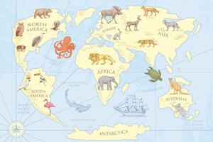 Obraz mapa světa se zvířaty